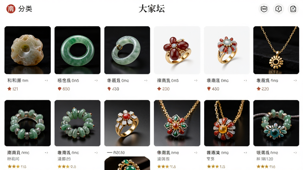 ������'���̳'App��չʾ�����鱦Ʒ��ķ���ҳ�棬����Ϊ����״���е��鱦��Ʒ����ͼ���Ű��������򣬷��Ϊ�߶˵���չʾ���ϸ�ڰ���������ԭʯ������������Ϻ��ָ���ƽ������ȸ�����ƷͼƬ�������������ɾ����޶���Ԫ��