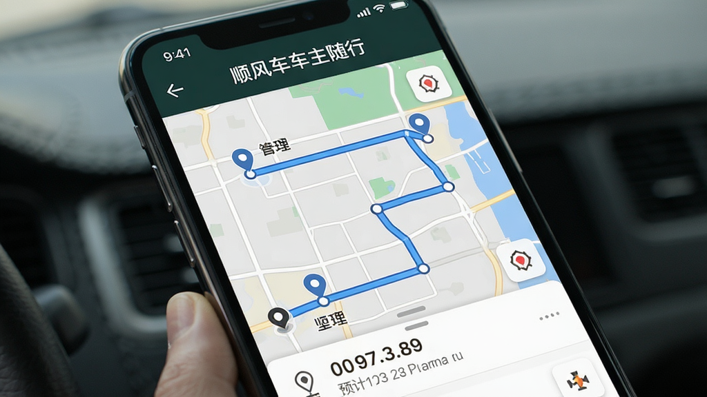�ֻ���Ļչʾ˳�糵���������������г�·�߹滮ҳ�棬�������е�ͼ������ʾ����յ��;���㣬·������ɫ������ע����Ļ�Ϸ���