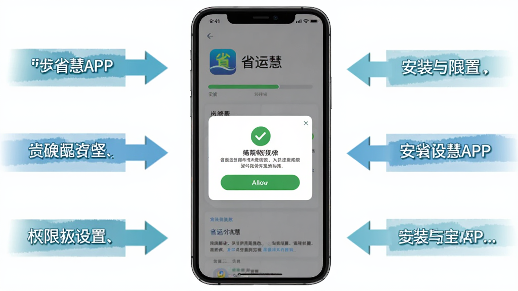 ʡ�˻�APP��װ��Ȩ�����ò���ʾ��ͼ������չʾ�ֻ���Ļ�ϵİ�װ��������Ȩ����Ȩ����������Ϊ�ֻ����С���Χ�в��������ͷ�����Ϊ��ƽ���̷̳磬ϸ�ڰ���