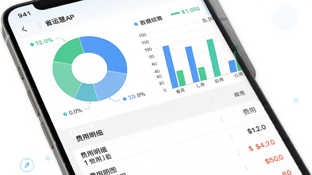 ʡ�˻�APP���ý���������ͳ�ƽ���ͼ������չʾ�ֻ���Ļ�ϵı�״ͼ����״ͼ���Լ�������ϸ�б�������Ϊ�Ϸ�ͼ���·��б������Ϊ���¼�Լ�磬ϸ�ڰ�����ɫ����ɫ��������������֣������������ɾ����޶���Ԫ��
