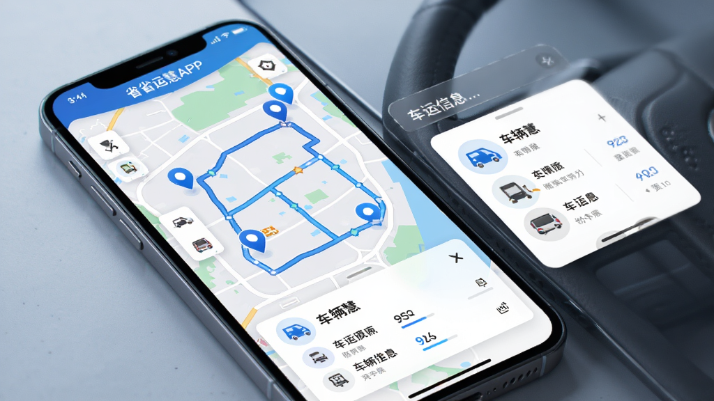ʡ�˻�APP�����������ͼ���ٽ���չʾͼ���������ֻ���Ļ��ʾ��ͼ�ϵĳ���λ�ñ�Ǻ���ʻ�켣���Ա��г�����Ϣ��Ƭ������Ϊ��ͼռ��Ҫ������Ϣ�����ڵײ������Ϊ�ִ��Ƽ��磬ϸ�ڰ�����ɫ��λͼ�ꡢ·�����������ʸ��壬�ɾ����޶���Ԫ��