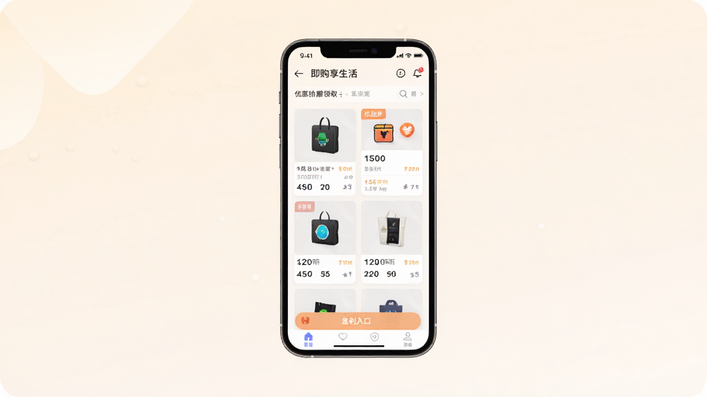 ����չʾ����������Ӧ����ҳ���棬������Ʒ�Ƽ����Ż�ȯ��ȡ��������ڵȺ��Ĺ���ģ�飬�ֻ���Ļ���аڷţ�����Ϊǳɫ���䣬������ִ���ϸ�����������ʸɾ����޶���Ԫ��