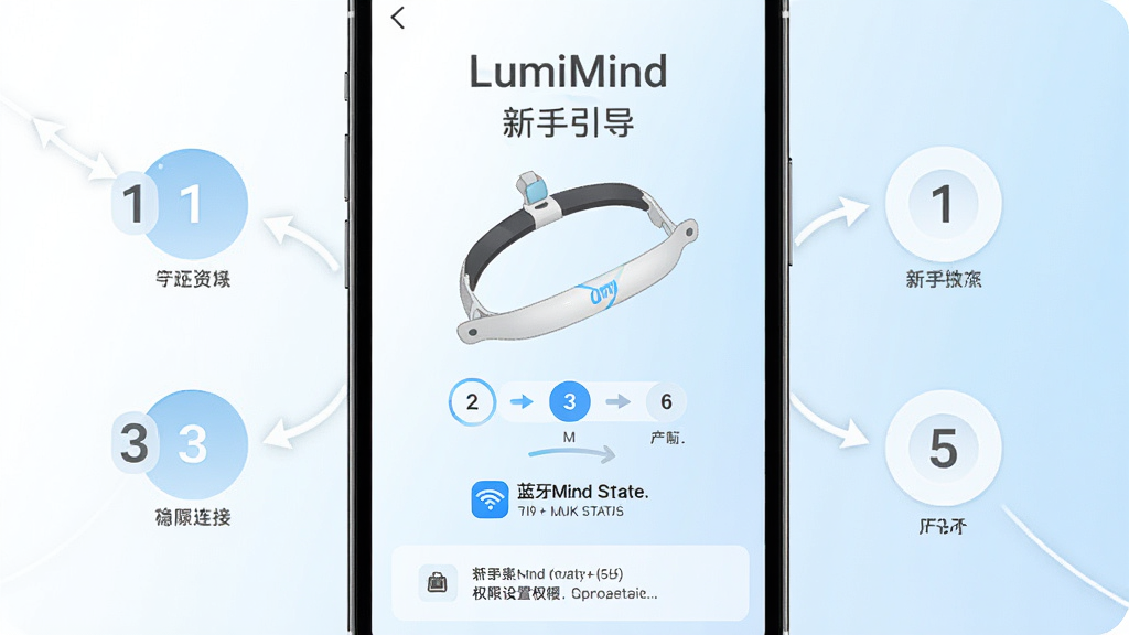 ��������ΪLumiMindӦ�õ������������棬���ֲ����ֻ�����չʾ����Ļ����Ϊ�豸���ʾ��ͼ�Ͳ���ָʾ�����·�Ϊ��������״̬��Ȩ��������ʾ���Ű����ֻ����У�����Ϊ���İ�ɫ��ǳ��ɫ���䣬��׺Բ�β���ͼ�ꡣ���Ϊ�����̷̳��ϸ����ͻ�������źͲ�����ͷ����Ļ�ϱ�ע