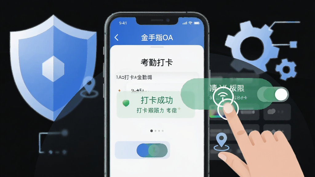 一幅展示手机端办公应用操作指引的插画,画面中一部手机显示“金手指OA”的考勤打卡页面,旁边有手指点击图标和权限开关示意,背景有盾牌和齿轮元素代表安全与设置,风格为简约科技风,细节包括打卡成功提示和定位图标,画质干净明亮,无多余元素