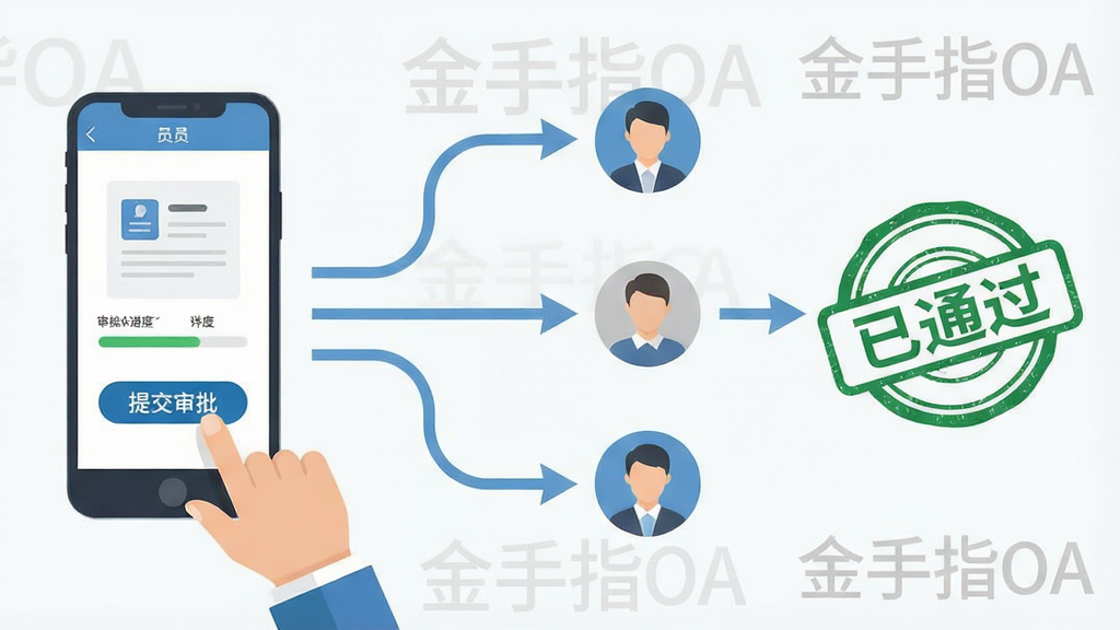 一幅展示电子审批流程的示意图,画面左侧是员工在手机上点击“提交审批”按钮,中间是流动的箭头连接至多个审批节点头像,右侧显示“已通过”的绿色印章,背景有“金手指OA”水印字样,风格为扁平化信息图,细节包括表单图标、进度条,画质干净整洁,无多余元素