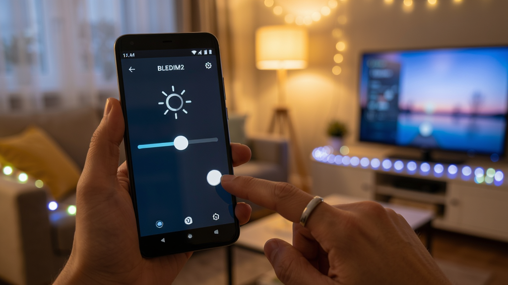BLEDIM2��׿�ֻ������������ֳ��ֻ��ڿ����п���LED�ƴ����ֻ���Ļ��ʾ���ȵ��ڽ��棬����Ϊ��ܰ�Ҿӵƹ⣬����Ϊ�ֻ���ƹ⻥�������������ֳ��ӽǣ�������дʵ��ϸ�ڰ�����ָ���ػ��顢�ƴ�����Ч�������ʸ��壬�ɾ����޶���Ԫ��