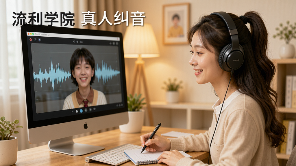一张展示真人老师互动纠音功能的生图,画面中是一位面带微笑的年轻女老师坐在电脑前,戴着耳机,屏幕上显示着学生的发音波形图,老师正在用笔做记录,背景是温馨的在线教室,风格写实温暖,画面中有文字“流利学院 真人纠音”,画质清晰,干净无多余元素