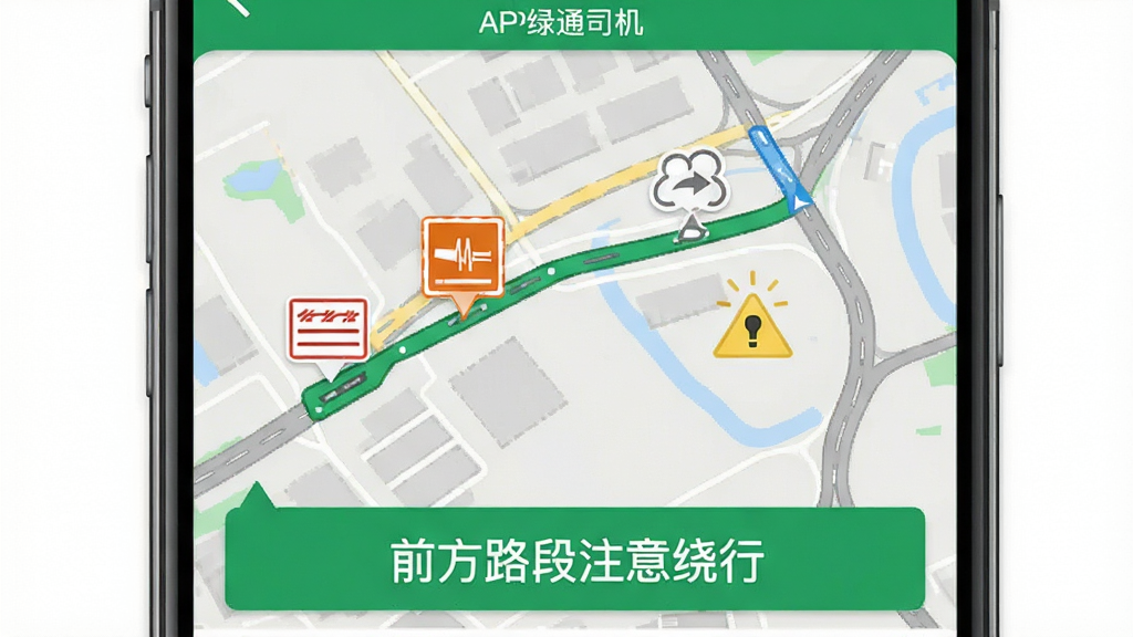 ��ͨ˾��APP·�����ѹ��ܽ���չʾ������Ϊ�ֻ���Ļ����Ļ����ʾһ������·�ߵ�ͼ��·���ϱ�ע��ʩ��·�κ�����Ԥ��ͼ�꣬�·���������ʾǰ��·��ע�����С�������Ϊ��ͼ������Ӧ�ý��棬ɫ������ɫ�ͻ�ɫΪ����ϸ���ϵ�ͼ��·������ͼ����Ŀ�������������ɾ����޶���Ԫ�ء�