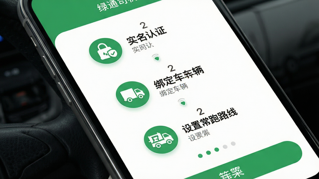 ��ͨ˾��APP���ֲ�������ҳ��չʾ������Ϊ�ֻ���Ļ����Ļ����ʾ�ֲ�������ʾ������ʵ����֤���󶨳��������ó���·�ߵȲ��裬ÿһ�����м���ͼ�������˵����������Ϊ����������ƶ�������������ƣ���ɫ��Ϊ��ɫ�Ͱ�ɫ��ϸ���ϲ���ָʾ��������ͼ��Բ�󣬻����������ɾ����޶���Ԫ�ء�