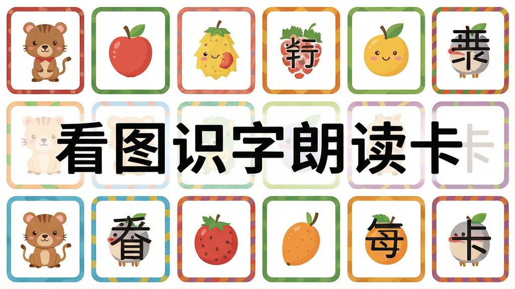 һ��չʾ��ͼʶ���ʶ���Ӧ����ʶ�ֿ�Ƭ���ͼƬ��������������ʽ���ж���ʶ�ֿ�Ƭ��ÿ�ſ�Ƭ������ͨ�����ˮ��ͼ������Ӧ���֣��������������Ű�����������񣬷��Ϊ��ͯ�������ƽ����ƣ�ϸ����ÿ�ſ�Ƭ�в�ͬ��ɫ�ı߿򣬻����������ɾ��޶���Ԫ�أ�ͼƬ�����֡���ͼʶ���ʶ�������