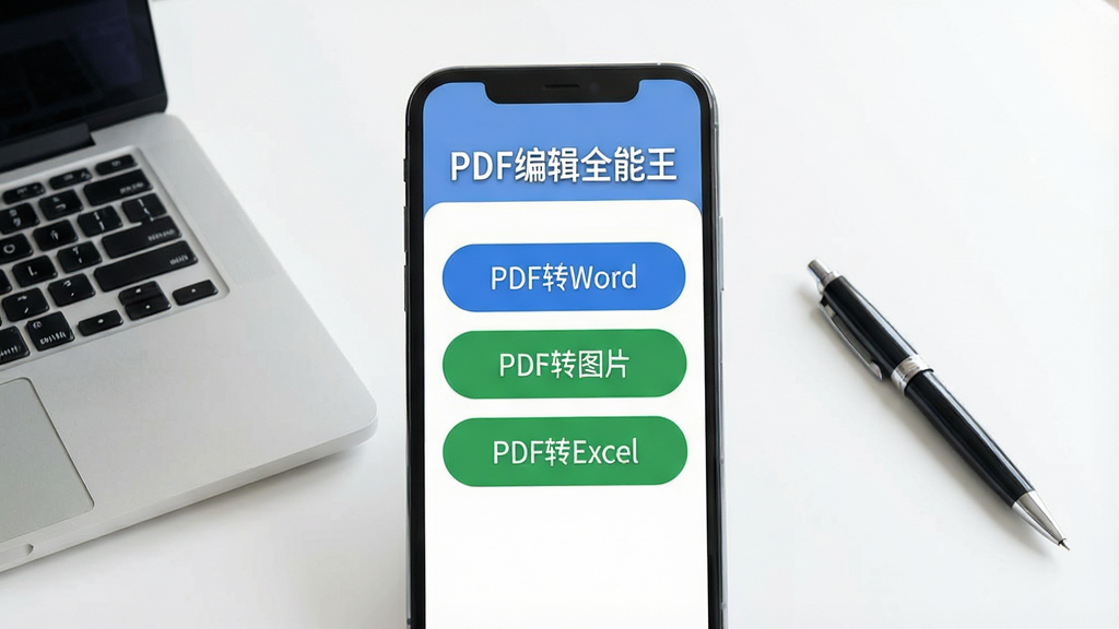 һ��չʾ�ֻ���Ļ��ͼƬ����Ļ������ʾ��ʽת�����棬�С�PDFתWord����PDFתͼƬ����PDFתExcel����ѡ�ť����ťΪԲ�Ǿ��Σ���ɫΪ��ɫ����ɫ����Ļ�Ϸ��С�PDF�༭ȫ����������������Ϊ�ɾ��İ�ɫ�칫�����Ա���һ̨�ʼǱ����Ժ�һ֧�ʣ�����ִ���Լ�����ʸ��壬�޶���װ�Ρ�