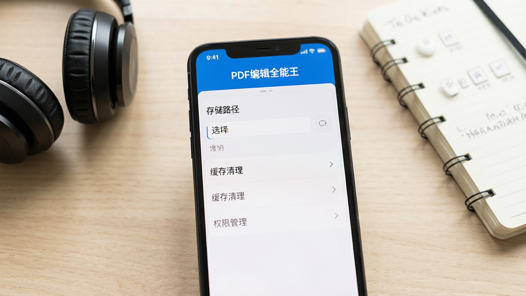 һ��չʾ�ֻ���Ļ��ͼƬ����Ļ����ʾPDF�༭ȫ���������ý��棬�д洢·��ѡ�񡢻���������Ȩ�޹�����ѡ���Ļ�Ϸ��С�PDF�༭ȫ���������⡣����Ϊǳɫľ�����棬�Ա���һ��������һ���ʼǱ����������������������޶���Ԫ�ء�