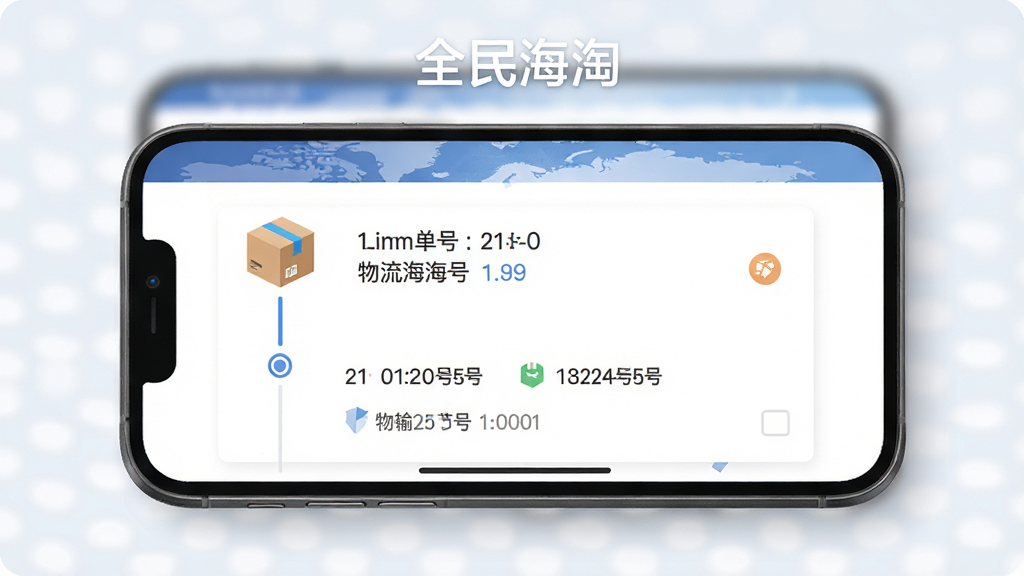 全民海淘物流追踪页面展示,主体为手机屏幕显示物流时间轴和包裹图标,布局为上下结构,排版清晰,风格为简约商务风,细节上包含快递单号和运输节点信息,画质高清,干净无多余元素,页面顶部写有