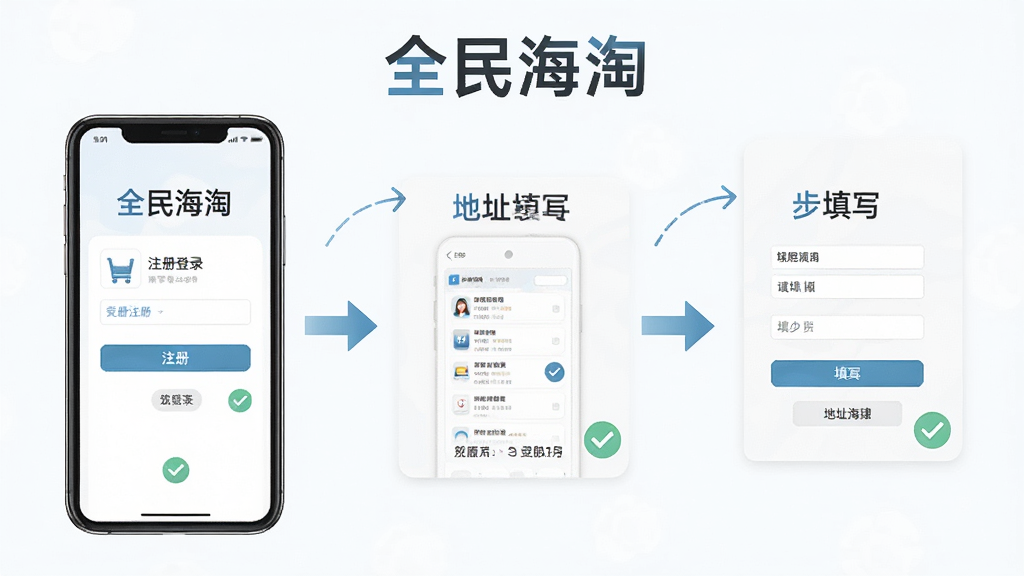 全民海淘新手操作指引示意图,主体是手机屏幕展示注册登录和地址填写步骤,布局为分步图示排列,排版清晰易懂,风格为清爽素雅风,细节上包含箭头指引和勾选标记,画质高清,干净无多余元素,页面写有