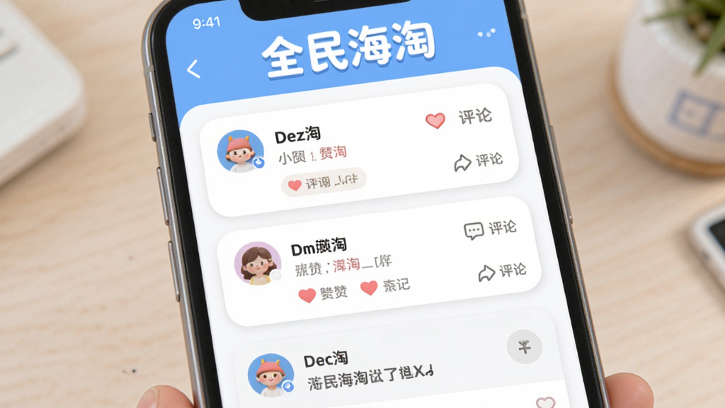 全民海淘社区交流界面,主体是手机屏幕展示用户帖子列表和评论区域,布局采用卡片式排列,排版活泼,风格为柔和圆角设计,细节上包含点赞和评论图标,画质高清,干净无多余元素,页面顶部写有