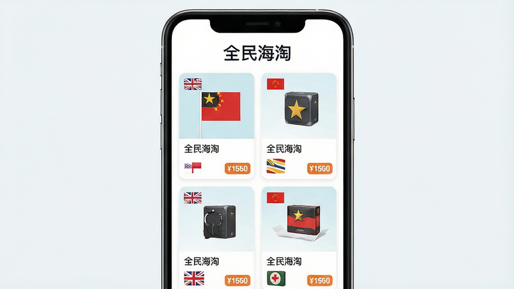 全民海淘全球商品浏览界面,主体是手机屏幕展示多国商品卡片,布局采用网格排列,排版整齐有序,风格为清新浅色系,细节上每个商品卡片带有国旗标识和价格标签,画质高清,干净无多余元素,屏幕上方写有