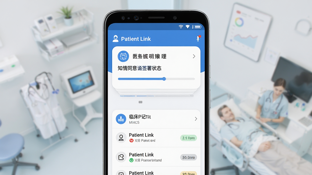 Patient Link ҽ�ƽ�������Ӧ�ý���ȫ��չʾ������Ϊһ����׿�ֻ���Ļ����Ļ�ڳ��ֻ�����Ϣ��Ƭ��֪��ͬ����ǩ��״̬���ٴ���¼�б�����ģ�飬���ֲ������·����ӿ�Ƭʽ���У������רҵ��ϸ�ڰ���������ɫ��Բ��ͼ�ꡢ��������״̬��ǩ�����ʸ��壬�ɾ����޶���Ԫ��