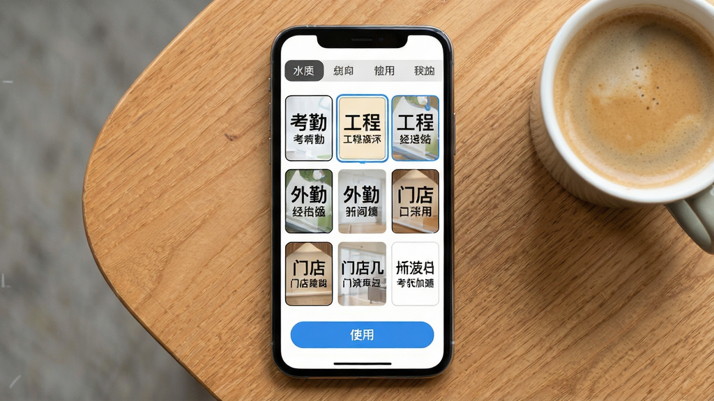 ˮӡ��������ˮӡģ��ѡ����棬�������ֻ���Ļ��ʾ�Ź������е�ˮӡģ������ͼ��ÿ������ͼ������ͬ�����Ĵ���ʽ���������ڡ����̡����ڡ��ŵ�ȣ���Ļ�Ϸ��з����ǩ�����·��С�ʹ�á���ť���ֻ�������ľ�������ϣ��Ա���һ�����ȣ����岼��Ϊ���ӽǶȣ����Ϊ���������Ĳ�Ʒչʾ�磬ϸ�ڰ���ģ������ͼ�ϵ����ֿɱ�ʶ��ѡ��״̬�и����߿򣬻��ʸ��壬����ɾ����޶���Ԫ��