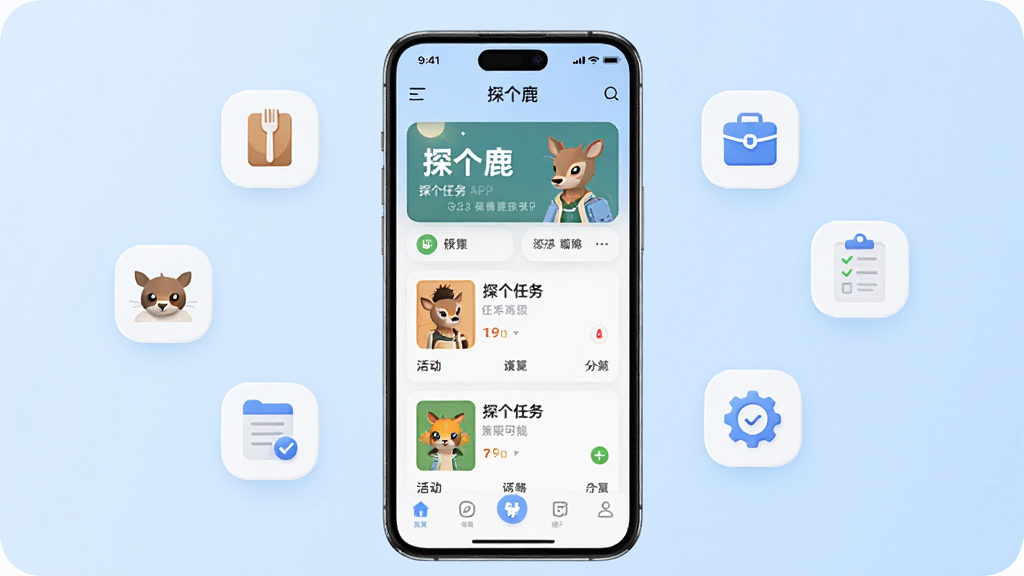 ̽��¹Ӧ��������չʾ������������һ�������ֻ�����Ļ��ʾ̽��¹APP��ҳ��������ְ����Ƭ�б��͵ײ�������������Ϊǳ��ɫ���䣬��ΧƯ���Ų���������ʾ���ͼ��Ԫ�أ�������ִ��������������ɾ��޶���Ԫ�أ���������Ϊ��̽��¹��