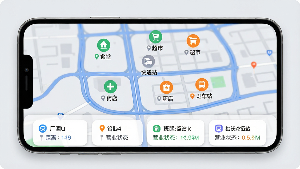 �����������ֻ���ͼ���棬��ͼ�ϱ�ע�ˡ���Ȧ��Ӧ���е���������λ������ʳ�á����С����վ��ҩ����೵վ��ÿ����λ�ж�Ӧͼ�������Ʊ�ǩ������Ϊȫ����ͼ�ӵײ���Ƭ�б�����Ƭ��ʾ������Ӫҵ״̬�����Ϊ�ִ���ͼUI����ɫ��ǳ�ҵ�ͼ�ס���ɫ��·����ɫ���ɫͼ��Ϊ����ϸ���ϵ�ͼ����΢����Ч������Ƭ��Բ������Ӱ�������������ɾ����޶���Ԫ�ء�