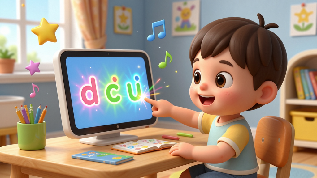 ��С�ν�����Ȥζ����ѧϰ����������չʾһ����ͨ��ͯ��������ǰ����ָ�����Ļ�ϵ�ƴ����ĸ����ĸ������ɫ��â����������ܰ�Ķ�ͯ���������Զ�ͯΪ���ģ����Ϊ3D��ͨ��Ⱦ��ϸ�ڰ���Ʈ�������Ǻ����������ʸ��壬�ɾ����޶���Ԫ��