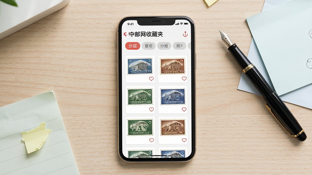 �������̳��ղؼй���չʾ���ֻ���Ļ��ʾ�ŷ����ǩ����Ʊ��Ƭ�б���ÿ�ſ�Ƭ���������ղ�ͼ�꣬������ǳɫľ�����棬��������һ֧�ֱʺͼ��ű�ǩֽ��������¼�Լ���������룬ϸ�ڷḻ�����ʸ��壬�ɾ��޶���Ԫ��