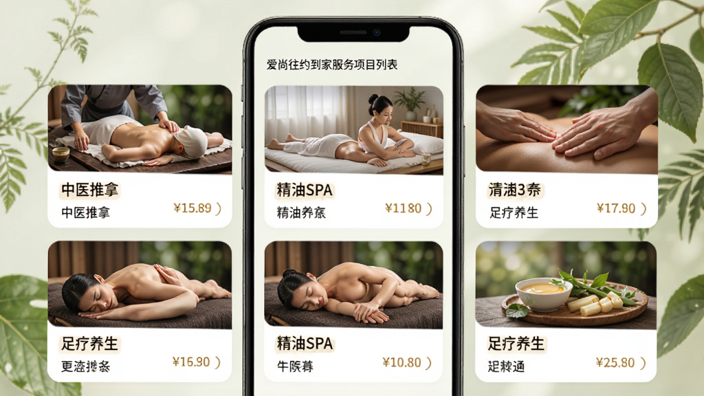 ������Լ���ҷ�����Ŀ�б�ҳ�棬�ֻ���Ļչʾ�������Ƭ��������ҽ���á�����SPA�����������ȣ�ÿ����Ƭ��ͼ��ͼ۸񣬱����ǵ��ŵ���ɫֲ�������Ȼ��񣬸��廭�ʣ��Ű����룬�ɾ��޶���Ԫ��