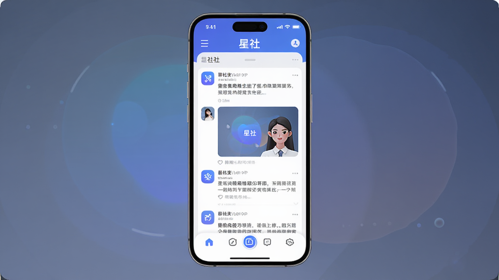 һ����Ϊ������ƶ��罻Ӧ�ý���չʾ������Ϊ�ֻ���Ļ������ʾ����APP��ҳ�棬���ְ����������������м䶯̬��Ϣ���͵ײ����ܰ�ť���Ű�������������ִ��Ƽ��У�ϸ�ڰ���Բ��ͼ�����ͽ��䱳�������ʸ��壬�ɾ����޶���Ԫ��