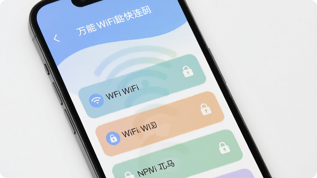 һ���ֻ���Ļ��ʾ����WiFi�׿���������������棬�б����ж��WiFi���ƺ�����ͼ�꣬������ÿ�Ƭʽ���֣���ɫ��ͣ�������࣬�����������ɾ��޶���Ԫ��