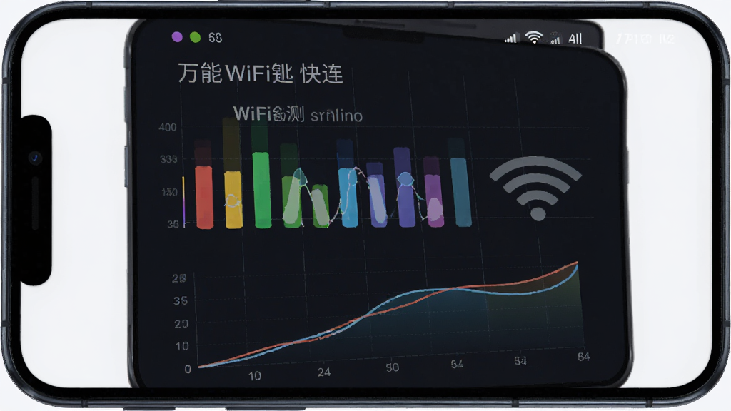 �ֻ���Ļ��ʾ����WiFi�׿������źż��ҳ�棬�в�ɫ��״ͼ������ͼչʾWiFi�ź�ǿ�ȱ仯��������ɫΪ��ɫ�Ƽ��磬������΢���������ߣ������������ɾ��޶���Ԫ��