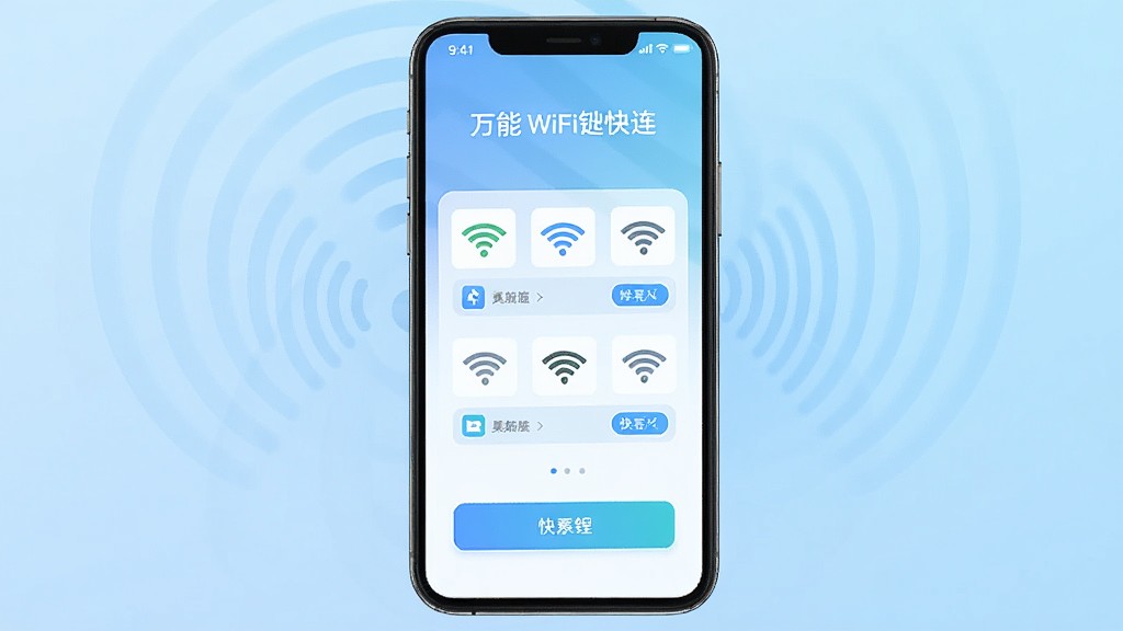 һ��չʾ�����ֻ���Ļ��ͼƬ����Ļ������ʾ����WiFi�׿��������������棬�������ж��WiFi�ź�ͼ������Ӱ�ť�������Ǽ���ǳ��ɫ���䣬��Χ�е����������źŲ���װ�Σ�����ִ���ˬ�������������ɾ��޶���Ԫ��
