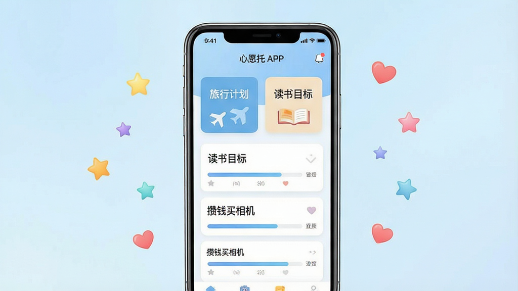 һ��չʾ�ֻ�Ӧ�ý����ͼƬ������������һ�����������ֻ�����Ļ����ʾ��Ը��APP�������棬�������ж����Ը��Ƭ�ͽ���������Ƭ��д�š����мƻ���������Ŀ�ꡱ����Ǯ������������֣���������͵�ǳ��ɫ���䣬�ֻ���Χɢ�������Ǻ�С����װ��Ԫ�أ����������¼�Լ���Ű�ɾ����࣬�����������޶���Ԫ��