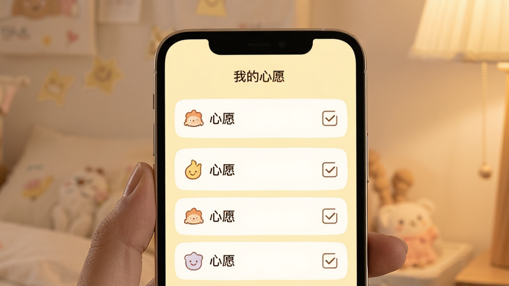 һ����Ը��APP��Ը�嵥�����ͼƬ���������ֻ���Ļ����ʾһ������Ը�б���ÿ����Ըǰ����Сͼ�꣬�����й�ѡ����Ļ�Ϸ��С��ҵ���Ը�����⣬�����ǵ���ɫ����������ܰ��ͣ��Ű����룬���������ɾ�