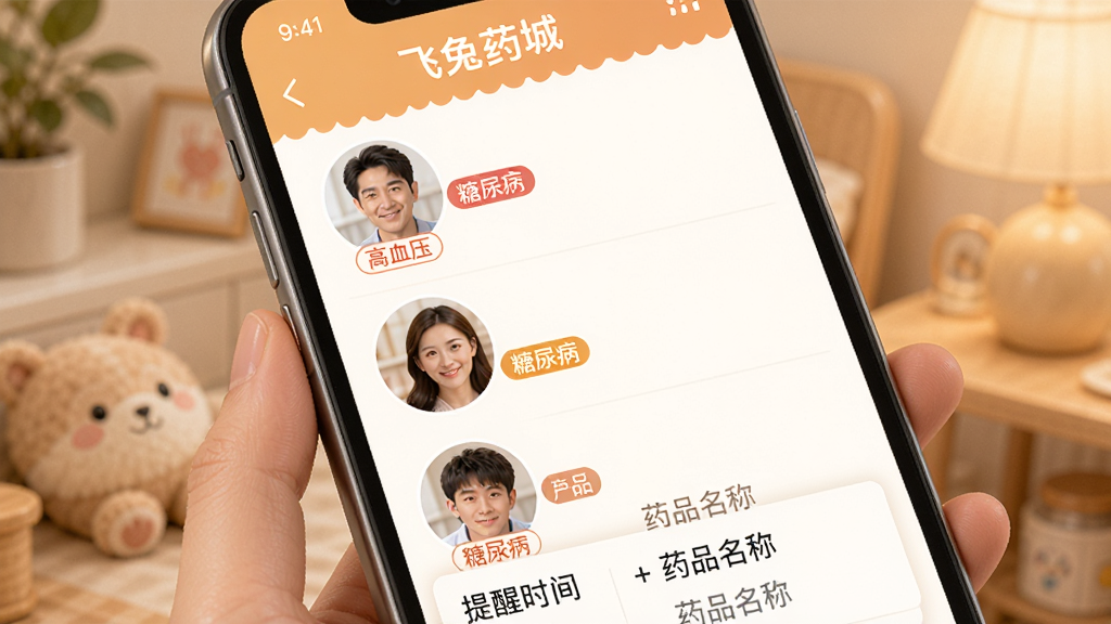 ����ҩ�ǽ�����������ҩ���ѹ��ܽ��棬�ֻ���Ļ��ʾ��ͥ��Աͷ���б���ÿ��ͷ�����С���Ѫѹ�������򲡡��ȱ�ǩ���·���������ʱ����ҩƷ���ƣ�����Ϊ��͵�ůɫ���������ܰ��ϸ�����������ʸɾ�