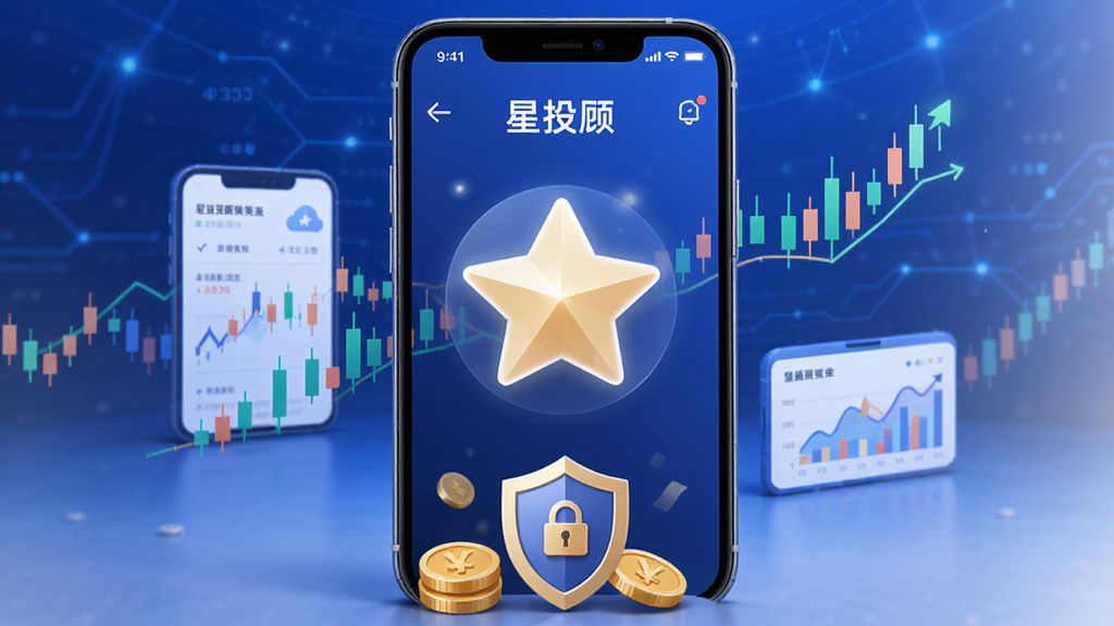 画面主体为一部智能手机,屏幕上显示着星投顾软件的主界面,界面中央有一个巨大的发光星形图标,周围环绕着上升的K线图与数据图表。布局采用居中构图,背景为深蓝色科技感渐变。风格为现代扁平化UI设计。细节上,手机下方有金币与盾牌元素象征财富与安全。画质高清,画面干净,无多余元素。