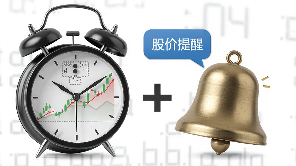 画面主体是一个闹钟与一个铃铛的组合,闹钟表面显示着股票走势图,铃铛旁边有信息提示气泡。布局为闹钟在左,铃铛在右,中间有加号连接。风格为简洁商务风。细节上,气泡内写着“股价提醒”。画质高清,画面干净,无多余元素。