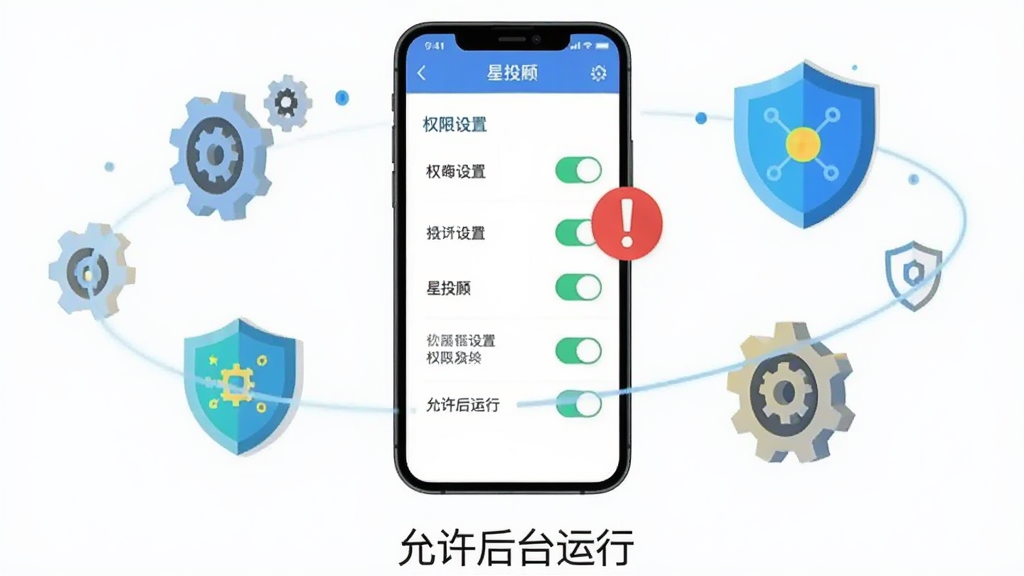 画面主体是一个手机屏幕,屏幕上显示着星投顾的权限设置界面,界面中有多个开关按钮,旁边有一个红色的感叹号标志。布局为手机居中,周围环绕着齿轮与盾牌图标。风格为扁平化科技风。细节上,手机下方有文字“允许后台运行”。画质清晰,画面干净,无多余元素。
