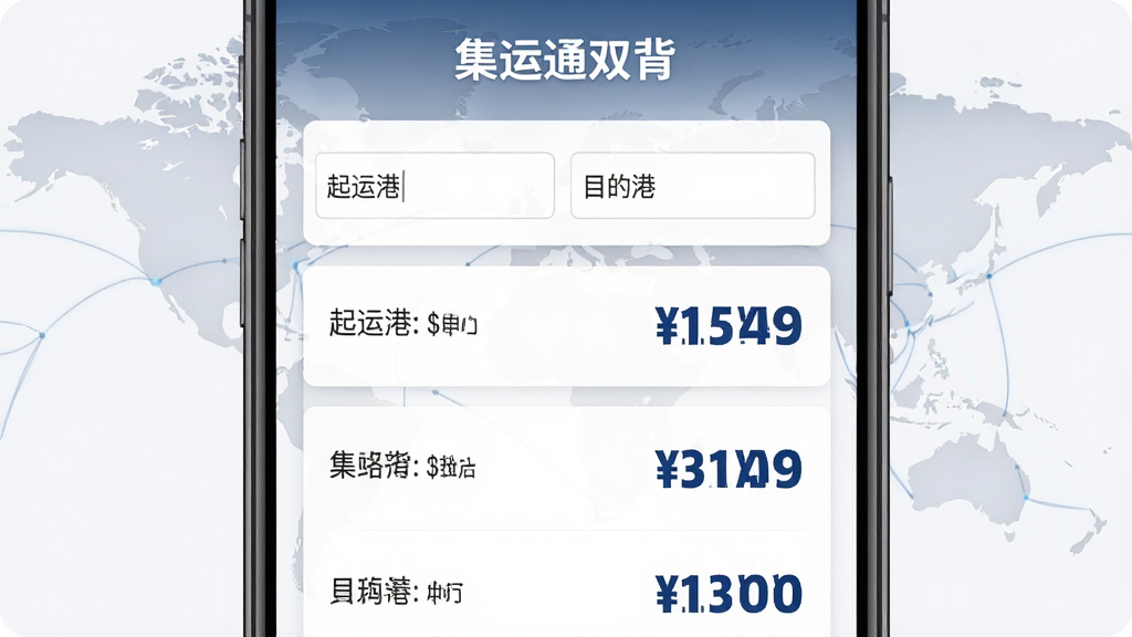 集运通双背实时运费查询界面图,主体为手机屏幕内显示起运港与目的港输入框以及下方多条运价结果列表,布局采用垂直流式排版,风格为简约白色卡片风,细节上运价数字用深蓝色加粗显示,背景带有淡淡的世界地图航线纹理,屏幕上方标注集运通双背,画质清晰干净无多余元素