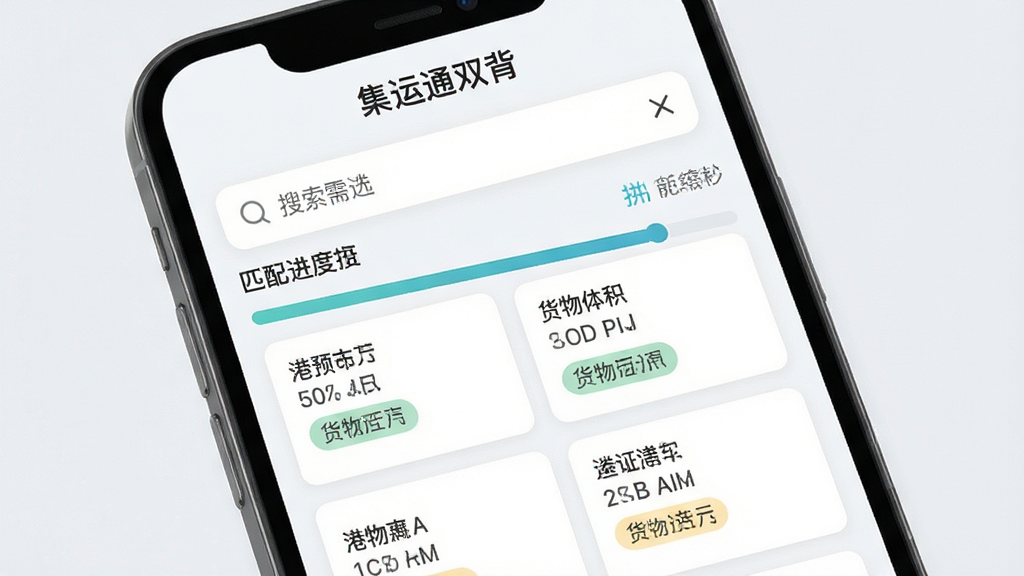 集运通双背智能拼箱匹配功能界面图,主体为手机屏幕正面展示拼箱需求列表与匹配进度条,布局采用上下结构,上方为搜索筛选栏下方为卡片式拼箱方案列表,风格为清新浅色商务风,细节上每个卡片带有港口缩写与货物体积标签,屏幕顶部显示集运通双背文字标识,画质清晰干净无多余元素