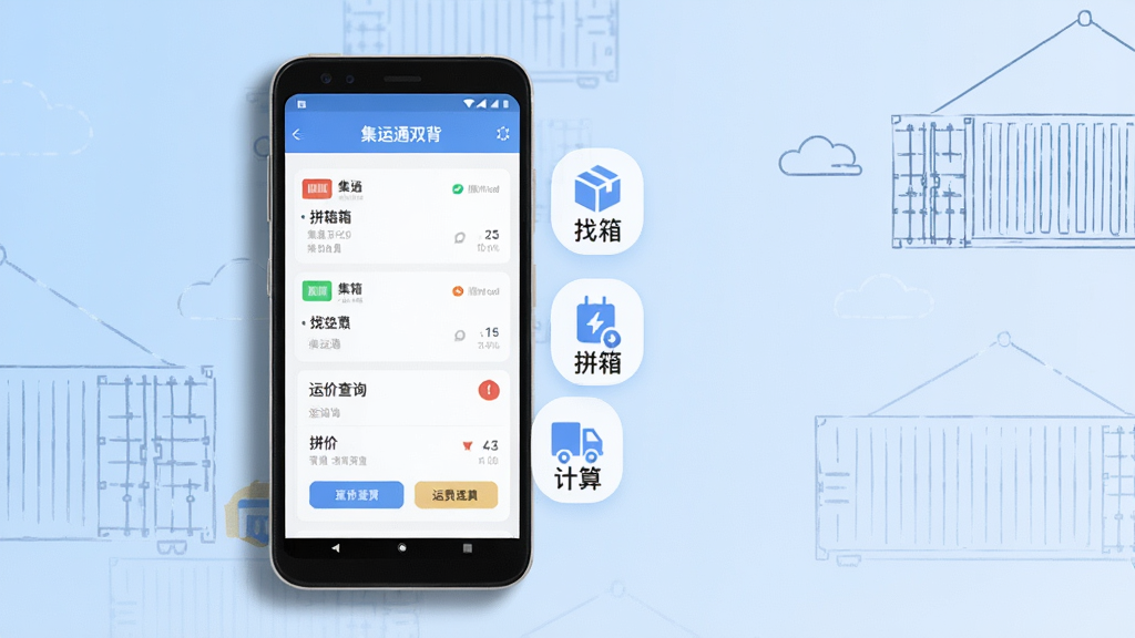 一款名为集运通双背的手机应用界面展示图,主体为一部竖屏安卓手机放置在画面中央偏左位置,屏幕内显示集装箱拼箱列表与运价查询卡片,右侧悬浮三个功能图标分别代表找箱、拼箱和运费计算,背景为浅蓝色渐变搭配简约的集装箱线条插画,整体布局采用左图右文的杂志排版风格,风格为现代扁平化商务科技风,细节上手机边框带有轻微阴影,屏幕内文字标注为集运通双背,画质清晰干净无多余元素