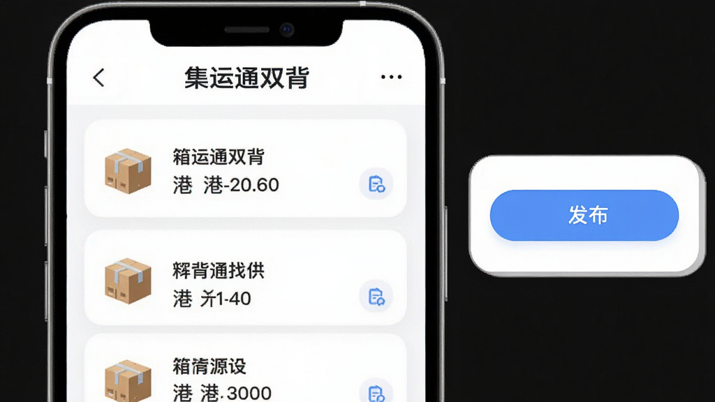 集运通双背找箱与箱源发布界面图,主体为手机屏幕显示箱源列表与发布按钮,布局采用左列表右悬浮按钮的排版,风格为柔和圆角卡片风,细节上每个箱源卡片带有箱型图标和港口名称,屏幕顶部标注集运通双背,画质清晰干净无多余元素