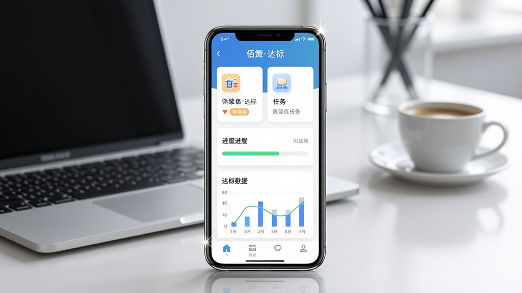 画面中央展示一部智能手机,手机屏幕上显示“佰策达标”应用主界面,界面包含任务卡片、进度条和达标数据图表,背景为简洁的现代办公桌面,桌面上有一台笔记本电脑和一杯咖啡,整体风格为清爽商务风,细节包括手机边缘的高光反射和屏幕上的图标阴影,画质清晰,干净,无多余元素