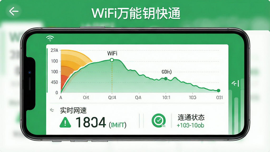 һ��WiFi����Կ��ͨ�����⹦�ܵĽ����ͼ���ͼ��������һ���ֻ�����չʾ����Ļ��Ϊ���������֣��Ϸ���ʾWiFi�ź�ǿ�����ߣ��·���ʾʵʱ�������ֺ���ͨ״̬ͼ�꣬���岼���������򣬷��Ϊ��ƽ����ƣ�ɫ������ɫ�Ͱ�ɫΪ����ϸ�ڸɾ������ʸ��壬ͼƬ�пɼ������֡�WiFi����Կ��ͨ����