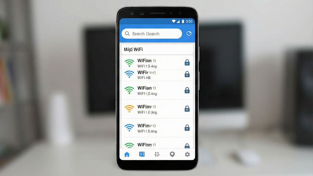 һ��չʾWiFi����Կ��ͨ������������ֻ�Ԥ��ͼ������������һ��������׿�ֻ�����Ļ����ʾ������ҳ������Ϊ�������ˢ�°�ť���в�Ϊ�ܱ�WiFi�б����б�������ź�ǿ��ͼ������α�־���ײ�Ϊ�����������岼�־��жԳƣ�������ִ���ɫ������ɫ�Ͱ�ɫΪ����ϸ�����������ʸɾ����޶���Ԫ�أ��ʺ���Ϊ����վ����Ԥ��ͼ��