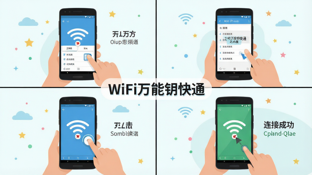 һ��չʾ��׿�ֻ�ʹ��WiFi����Կ��ͨ�Ĳ���ʾ��ͼ������Ϊ�ĸ�־����֣���һ����ʾ���������ڶ�����ʾɨ���б�����������ʾ������ӣ����ĸ���ʾ���ӳɹ���������Ϊ��ƽ�廭��ɫ�����£����ʸɾ���ͼƬ�пɼ������֡�WiFi����Կ��ͨ����