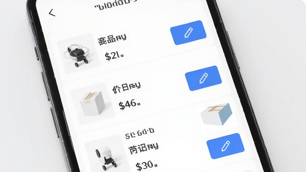 一张展示小白开单商品管理功能的图片,画面是手机屏幕显示商品列表,每个商品带有名称、价格和编辑按钮,背景是干净的浅灰色,风格简约,细节清晰,画质干净,无多余元素