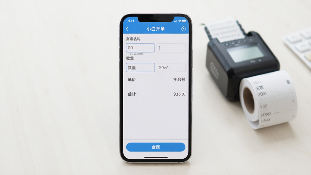 一张手机屏幕展示小白开单应用主界面的图片,画面中央是手机,手机屏幕显示小白开单的订单录入界面,包含商品名称、数量、单价、合计金额等输入框,背景是干净的浅色桌面,桌面上放着一台小型蓝牙打印机和一卷打印纸,整体风格简洁明快,细节清晰,画质干净,无多余元素