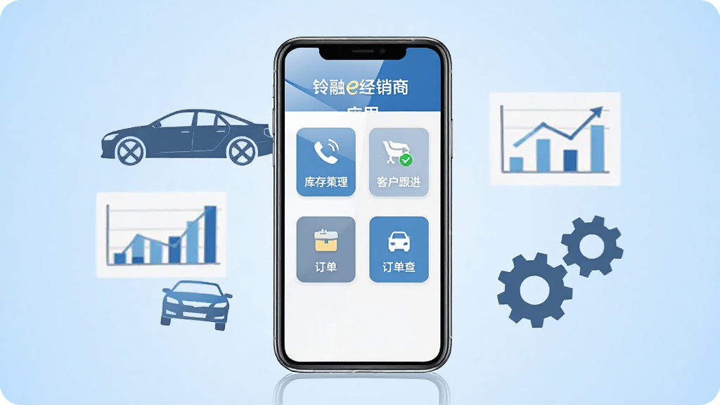 画面中央放置一部智能手机,手机屏幕显示铃融e经销商应用主界面,包含库存管理、客户跟进、订单查询等功能模块图标,手机周围环绕汽车轮廓、数据图表、齿轮等元素,布局采用居中对称构图,排版干净有序,风格为扁平化商务科技风,细节上手机屏幕有轻微反光效果,背景为浅蓝色渐变,画质高清,干净,无多余元素