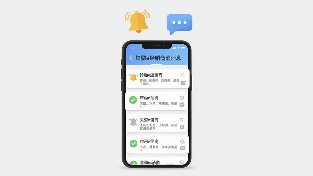 画面中央为一部手机,手机屏幕显示铃融e经销商的消息通知列表,包含多条通知卡片,手机上方悬浮铃铛图标和对话气泡,布局为垂直居中构图,排版整齐,风格为扁平化插画风,细节上通知卡片有轻微阴影效果,背景为浅灰色,画质高清,干净,无多余元素