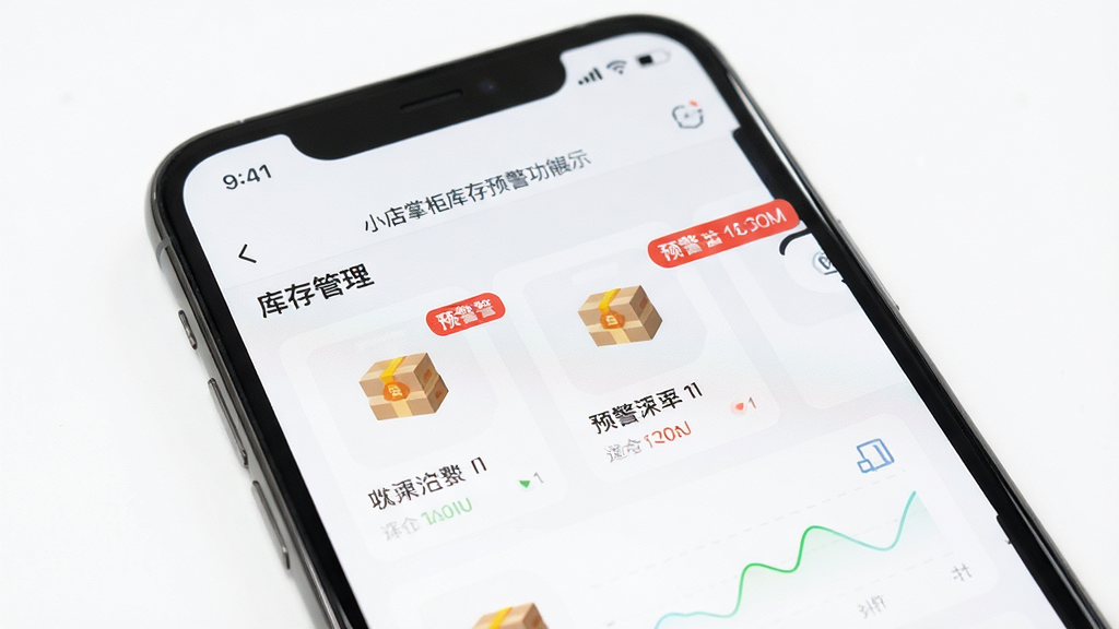 小店掌柜库存预警功能展示,手机屏幕显示库存管理页面,部分商品标注红色预警提示,界面简洁直观,背景为白色,整体风格清爽,画质高清无多余装饰